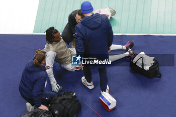 2024-01-13 - LEFORT Enzo (FRA) twisted his ankle and will lost 14/15 against PAUTY Maxime (FRA) celebration in round of 16 during the Mazars Challenge International de Paris 2024, Foil World Cup on January 13, 2024 at Pierre de Coubertin stadium in Paris, France - FENCING - CHALLENGE INTERNATIONAL DE PARIS 2024 - FENCING - OTHER SPORTS