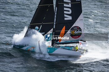 2024-09-27 - Sam Goodchild on Imoca Vulnerable - For the Planet during a training session prior the Vendée Globe 2024 on September 27, 2024, off Groix in France - SAILING - VENDEE GLOBE 2024 - SAM GOODCHILD - IMOCA VULNERABLE - HELICOPTER IMAGES - SAILING - OTHER SPORTS