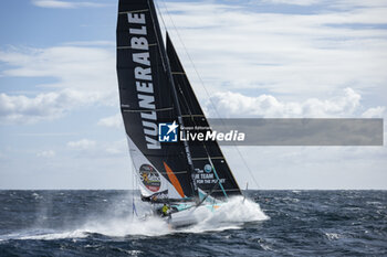 2024-09-27 - Sam Goodchild on Imoca Vulnerable - For the Planet during a training session prior the Vendée Globe 2024 on September 27, 2024, off Groix in France - SAILING - VENDEE GLOBE 2024 - SAM GOODCHILD - IMOCA VULNERABLE - HELICOPTER IMAGES - SAILING - OTHER SPORTS