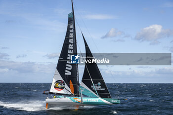 2024-09-27 - Sam Goodchild on Imoca Vulnerable - For the Planet during a training session prior the Vendée Globe 2024 on September 27, 2024, off Groix in France - SAILING - VENDEE GLOBE 2024 - SAM GOODCHILD - IMOCA VULNERABLE - HELICOPTER IMAGES - SAILING - OTHER SPORTS