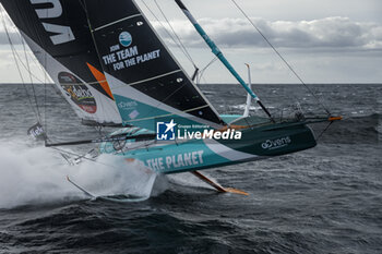 2024-09-27 - Sam Goodchild on Imoca Vulnerable - For the Planet during a training session prior the Vendée Globe 2024 on September 27, 2024, off Groix in France - SAILING - VENDEE GLOBE 2024 - SAM GOODCHILD - IMOCA VULNERABLE - HELICOPTER IMAGES - SAILING - OTHER SPORTS