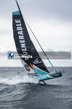 2024-09-27 - Sam Goodchild on Imoca Vulnerable - For the Planet during a training session prior the Vendée Globe 2024 on September 27, 2024, off Groix in France - SAILING - VENDEE GLOBE 2024 - SAM GOODCHILD - IMOCA VULNERABLE - HELICOPTER IMAGES - SAILING - OTHER SPORTS