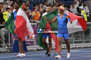 2024-06-08 - Chituru ALI, Marcell JACOBS and Lorenzo Ndele SIMONELLI during European Athletics Championships 2024 at Olympic Stadium, on June 8, 2024 in Rome, Italy. - EUROPEAN ATHLETICS CHAMPIONSHIPS - INTERNATIONALS - ATHLETICS