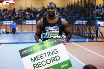 23/02/2024 - RAJINDRA CAMPBELL (JAM) reacts after winning with Meeting Record the Shot Put Men Final during the World Athletics Indoor Tour Gold Madrid 24 on February 23, 2024 at Polideportivo Gallur in Madrid, Spain - ATHLETICS - WORLD INDOOR TOUR GOLD - MADRID 2024 - INTERNAZIONALI - ATLETICA