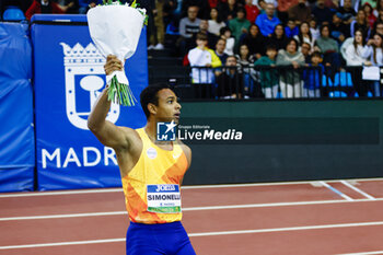 2024-02-23 - LORENZO NDELE SIMONELLI (ITA) reacts after winning the 60m Hurdles Men Final during the World Athletics Indoor Tour Gold Madrid 24 on February 23, 2024 at Polideportivo Gallur in Madrid, Spain - ATHLETICS - WORLD INDOOR TOUR GOLD - MADRID 2024 - INTERNATIONALS - ATHLETICS