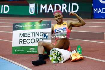 2024-02-23 - DEVYNNE CHARLTON (BAH) reacts after winning with Meeting Record the 60m Hurdles Women Final during the World Athletics Indoor Tour Gold Madrid 24 on February 23, 2024 at Polideportivo Gallur in Madrid, Spain - ATHLETICS - WORLD INDOOR TOUR GOLD - MADRID 2024 - INTERNATIONALS - ATHLETICS