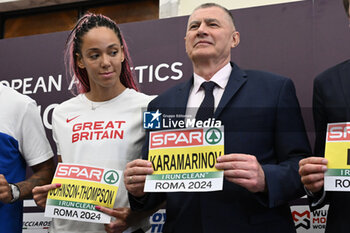 06/06/2024 - Katarina Johnson-Thompsona and Dobromir Karamarinov during Official Press Conference of European Athletics Championships 2024 at CONI Honour Hall, on June 6, 2024 in Rome, Italy. - EUROPEAN CHAMPIONSHIPS - PRESS CONFERENCE - INTERNAZIONALI - ATLETICA