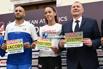 06/06/2024 - Marcell Jacobs, Katarina Johnson-Thompson and Dobromir Karamarinov during Official Press Conference of European Athletics Championships 2024 at CONI Honour Hall, on June 6, 2024 in Rome, Italy. - EUROPEAN CHAMPIONSHIPS - PRESS CONFERENCE - INTERNAZIONALI - ATLETICA