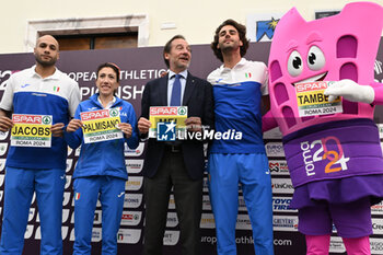 06/06/2024 - Marcell Jacobs, Antonella Palmisano, Stefano Mei and Gianmarco Tamberi during Official Press Conference of European Athletics Championships 2024 at CONI Honour Hall, on June 6, 2024 in Rome, Italy. - EUROPEAN CHAMPIONSHIPS - PRESS CONFERENCE - INTERNAZIONALI - ATLETICA