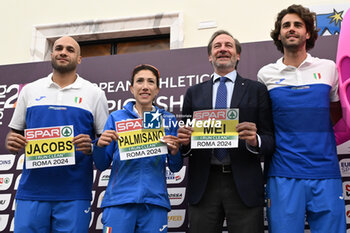 06/06/2024 - Marcell Jacobs, Antonella Palmisano, Stefano Mei and Gianmarco Tamberi during Official Press Conference of European Athletics Championships 2024 at CONI Honour Hall, on June 6, 2024 in Rome, Italy. - EUROPEAN CHAMPIONSHIPS - PRESS CONFERENCE - INTERNAZIONALI - ATLETICA