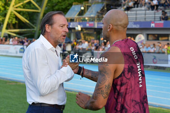 14/07/2024 - Marcel Jacobs (ITA) together with Fidal President Stefano Mei during testing ahead of the Paris 2024 Olympics on the track of the 