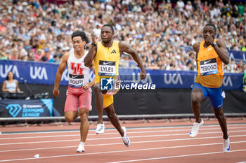 2024-07-20 - Louie Hinchliffe (GBR), Noah Lyles (USA), Letsile Tebogo (BOT), 100m Men during the Wanda Diamond League 2024, athletics meet on 20 July 2024 at the London Stadium in London, England - ATHLETICS - DIAMOND LEAGUE 2024 - LONDON - INTERNATIONALS - ATHLETICS