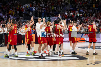 2024-07-23 - Spanish team celebrates at the end of the Basketball International Friendly match between Spain and Puerto Rico at WiZink Center on July 23, 2024 in Madrid, Spain. - SPAIN VS PUERTO RICO - FRIENDLY MATCH - BASKETBALL