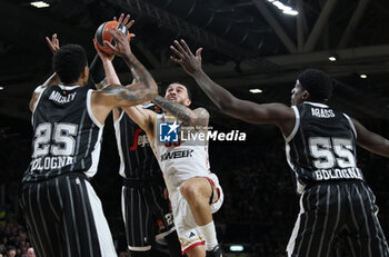 2024-02-09 - Mike James (a.s. Monaco) in action thwarted by Jordan Mickey (Segafredo Virtus Bologna) during the Euroleague basketball championship match Segafredo Virtus Bologna Vs. a.s. Monaco. Bologna, February 09, 2024 at Segafredo Arena - VIRTUS SEGAFREDO BOLOGNA VS AS MONACO - EUROLEAGUE - BASKETBALL