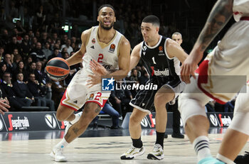 2024-02-09 - Elie Okobo (a.s. Monaco) in action thwarted by Iffe Lundberg (Segafredo Virtus Bologna) during the Euroleague basketball championship match Segafredo Virtus Bologna Vs. a.s. Monaco. Bologna, February 09, 2024 at Segafredo Arena - VIRTUS SEGAFREDO BOLOGNA VS AS MONACO - EUROLEAGUE - BASKETBALL