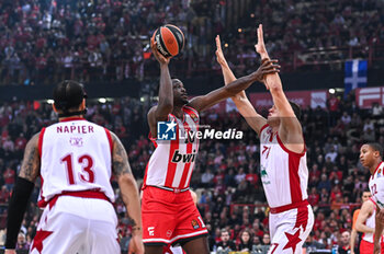 2024-01-02 - 10 Moustapha Fall of Olympiacos Piraeus competing with 77 Johannes Voigtmann of EA7 Emporio Armani Milan
during the Euroleague, Round 18, match between Olympiacos Piraeus and EA7 Emporio Armani Milan at Peace & Friendship Stadium on January 2, 2024, in Piraeus, Greece - OLYMPIACOS PIRAEUS VS EA7 EMPORIO ARMANI MILAN - EUROLEAGUE - BASKETBALL