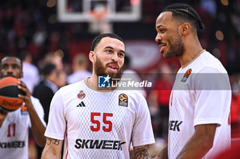 2024-01-04 - 55 Mike James with 4 Jaron Blossomgame of AS Monaco during the Euroleague, Round 19, match between Olympiacos Piraeus and AS Monaco at Peace & Friendship Stadium on January 4, 2024, in Piraeus, Greece - OLYMPIACOS PIRAEUS VS AS MONACO - EUROLEAGUE - BASKETBALL