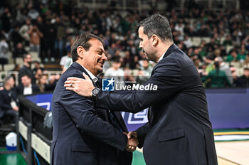 2024-01-09 - Head Coach Ergin Ataman of Panathinaikos AKTOR Athens with Head Coach Erdem Can of Anadolu Efes Istanbul during the Euroleague, Round 20, match between Panathinaikos AKTOR Athens and Anadolu Efes Istanbul at the OAKA Altion Arena in Athens, Greece, on January
9, 2024. - PANATHINAIKOS AKTOR ATHENS VS ANADOLU EFES - EUROLEAGUE - BASKETBALL