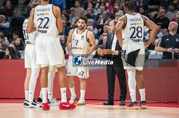 2024-01-11 - Facundo Campazzo of Real Madrid seen receiving indication by his coach Chus Mateo of Real Madrid during the Euroleague basketball match between Real Madrid and Valencia at Wizink Center in Madrid, Spain. - REAL MADRID VS VALENCIA - EUROLEAGUE - BASKETBALL