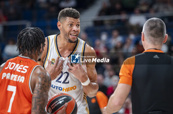 2024-01-11 - Edy Tavares of Real Madrid seen arguing with the referee during the Euroleague basketball match between Real Madrid and Valencia at Wizink Center in Madrid, Spain. - REAL MADRID VS VALENCIA - EUROLEAGUE - BASKETBALL