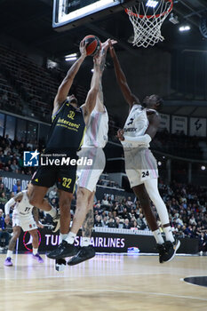 2024-01-12 - Johannes THIEMANN of Alba Berlin and Joffrey LAUVERGNE of Lyon and Mbaye NDIAYE of Lyon during the Turkish Airlines EuroLeague basketball match between LDLC ASVEL Villeurbanne and Alba Berlin on January 12, 2024 at Astroballe in Villeurbanne, France - BASKETBALL - EUROLEAGUE - ASVEL V ALBA BERLIN - EUROLEAGUE - BASKETBALL