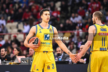 2024-01-30 - 3 Matteo Spagnolo with 11 Matt Thomas of Alba Berlin is playing during the Euroleague, Round 24, match between Olympiacos Piraeus and Alba Berlin at Peace & Friendship Stadium on January 30, 2024, in Piraeus, Greece. - OLYMPIACOS PIRAEUS VS ALBA BERLIN - EUROLEAGUE - BASKETBALL