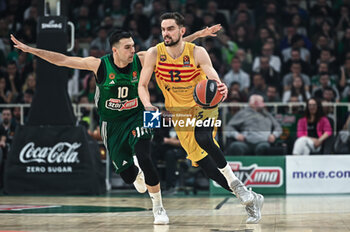 2024-03-22 - 13 Tomas Satoransky of FC Barcelona competing with 10 Kostas Sloukas of Panathinaikos AKTOR Athens during the Euroleague, Round 31, match between Panathinaikos AKTOR Athens and FC Barcelona at Oaka Altion Arena on March 22, 2024, in Athens, Greece. - PANATHINAIKOS AKTOR ATHENS VS FC BARCELONA - EUROLEAGUE - BASKETBALL