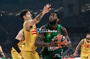 22/03/2024 - 26 Mathias Lessort of Panathinaikos AKTOR Athens competing with 20 Nicolas Laprovittola of FC Barcelona during the Euroleague, Round 31, match between Panathinaikos AKTOR Athens and FC Barcelona at Oaka Altion Arena on March 22, 2024, in Athens, Greece. - PANATHINAIKOS AKTOR ATHENS VS FC BARCELONA - EUROLEAGUE - BASKET