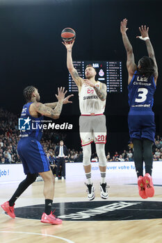 2024-03-28 - Donatas MOTIEJUNAS of Monaco and Paris LEE of Lyon and Mike SCOTT of Lyon during the Turkish Airlines EuroLeague basketball match between LDLC ASVEL Villeurbanne and AS Monaco on March 28, 2024 at LDLC Arena in Decines-Charpieu, France - BASKETBALL - EUROLEAGUE - ASVEL V MONACO - EUROLEAGUE - BASKETBALL