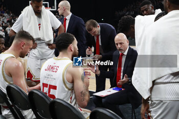 2024-03-28 - Sara OBRADOVIC coach of Monaco and Mike JAMES of Monaco and Donatas MOTIEJUNAS of Monaco during the Turkish Airlines EuroLeague basketball match between LDLC ASVEL Villeurbanne and AS Monaco on March 28, 2024 at LDLC Arena in Decines-Charpieu, France - BASKETBALL - EUROLEAGUE - ASVEL V MONACO - EUROLEAGUE - BASKETBALL