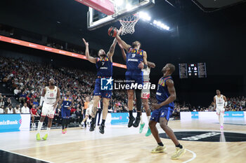 2024-03-28 - Timothe LUWAWU CABARROT of Lyon and Charles KAHUDI of Lyon and Donta HALL of Monaco during the Turkish Airlines EuroLeague basketball match between LDLC ASVEL Villeurbanne and AS Monaco on March 28, 2024 at LDLC Arena in Decines-Charpieu, France - BASKETBALL - EUROLEAGUE - ASVEL V MONACO - EUROLEAGUE - BASKETBALL
