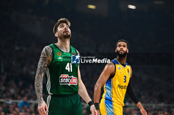 2024-05-07 - 41 Juancho Hernangomez of Panathinaikos Athens with 3 James Webb III of Maccabi Playtika Tel Aviv during the Euroleague, Playoff D, Game 5, match between Panathinaikos Athens and Maccabi Playtika Tel Aviv at Oaka Altion on May 7, 2024, in Athens, Greece. - PANATHINAIKOS AKTOR ATHENS VS MACCABI TEL AVIV, PLAYOFFS D, GAME 5 - EUROLEAGUE - BASKETBALL