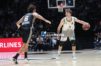 2024-10-15 - Dovydas Giedraitis (Zalgiris) in action thwarted by Alessandro Pajola (Virtus Bologna) during the basketball Turkish Airlines Euroleague match between Virtus Segafredo Bologna and Zalgiris Kaunas at the Unipol Arena, Casalecchio (Bologna), Italy, October 15, 2024 - photo: Michele Nucci - SEGAFREDO VIRTUS BOLOGNA VS ZALGIRIS KAUNAS - EUROLEAGUE - BASKETBALL