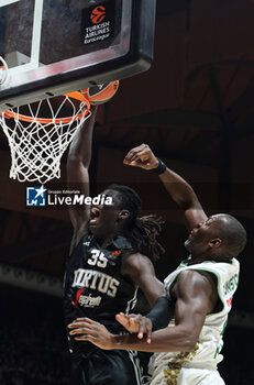 2024-10-15 - Momo Diouf (Virtus Bologna) in action thwarted by Bryant Dunston (Zalgiris) Momo Diouf (Virtus Bologna) in action thwarted by Bryant Dunston (Zalgiris) during the basketball Turkish Airlines Euroleague match between Virtus Segafredo Bologna and Zalgiris Kaunas at the Unipol Arena, Casalecchio (Bologna), Italy, October 15, 2024 - photo: Michele Nucci - SEGAFREDO VIRTUS BOLOGNA VS ZALGIRIS KAUNAS - EUROLEAGUE - BASKETBALL