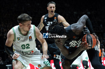 2024-10-15 - Momo Diouf (Virtus Bologna) (R) in action thwarted by Edgar Ulanovas (Zalgiris) during the basketball Turkish Airlines Euroleague match between Virtus Segafredo Bologna and Zalgiris Kaunas at the Unipol Arena, Casalecchio (Bologna), Italy, October 15, 2024 - photo: Michele Nucci - SEGAFREDO VIRTUS BOLOGNA VS ZALGIRIS KAUNAS - EUROLEAGUE - BASKETBALL