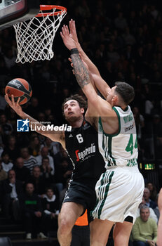 2024-11-15 - Alessandro Pajola (Virtus Bologna) in action thwarted by Konstantinos Mitoglou (Athens) during the basketball Turkish Airlines Euroleague match between Virtus Segafredo Bologna and Panathinaikos Aktor Athens at the Unipol Arena, Casalecchio (Bologna), Italy, November 15, 2024 - photo: Michele Nucci - SEGAFREDO VIRTUS BOLOGNA VS PANATHINAIKOS AKTOR ATHENS - EUROLEAGUE - BASKETBALL