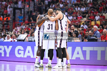 2024-10-15 - 33 Nikola Mirotic with with 7 Stefano Tonut, 31 Shavon Shields of EA7 Emporio Armani Milan is playing during the Euroleague, Round 3 match between Olympiacos Piraeus and EA7 Emporio Armani Milan at Peace and Friendship Stadium on October 15, 2024, Piraeus, Greece. - OLYMPIACOS VS EA7 EMPORIO ARMANI MILAN - EUROLEAGUE - BASKETBALL