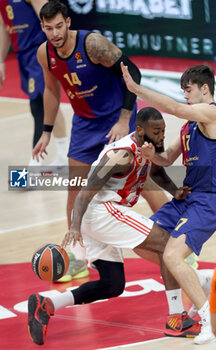 2024-10-18 - Codi Miller-McIntyre (C) Crvena Zveda stopped between Willy Hernangomez (L) ,Juan Nunez (R) Barcelona during the Turkish Airlines Euroleague basketball match between Crvena Zvezda Meridianbet Belgrade and FC Barcelona on 18 October 2024 at Belgrade Arena in Belgrade, Serbia - BASKETBALL - EUROLEAGUE - CRVENA ZVEZDA V FC BARCELONA - EUROLEAGUE - BASKETBALL