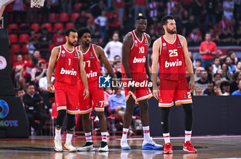 2024-10-29 - 10 Moustapha Fall with 25 Alec Peters, 1 Nigel Williams-Goss and 77 Shaquielle Mckissic of Olympiacos Piraeus are playing during the Euroleague, Round 6 match between Olympiacos Piraeus and Real Madrid at Peace and Friendship Stadium on October 29, 2024, Piraeus, Greece. - OLYMPIACOS VS REAL MADRID - EUROLEAGUE - BASKETBALL