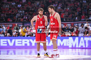 2024-10-29 - 0 Thomas Walkup with 14 Sasha Vezenkov of Olympiacos Piraeus are playing during the Euroleague, Round 6 match between Olympiacos Piraeus and Real Madrid at Peace and Friendship Stadium on October 29, 2024, Piraeus, Greece. - OLYMPIACOS VS REAL MADRID - EUROLEAGUE - BASKETBALL