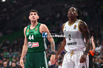 2024-10-30 - 2 Admiral Schofield of LDLC ASVEL Villeurbanne with 44 Konstantinos Mitoglou of Panathinaikos AKTOR Athens during the Euroleague, Round 6 match between Panathinaikos AKTOR Athens and LDLC ASVEL Villeurbanne at OAKA Altion Arena on October 30, 2024, Athens, Greece. - PANATHINAIKOS VS LDLC ASVEL VILLEURBANNE - EUROLEAGUE - BASKETBALL