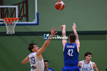 2024-07-05 - Actions of the game and players' images during the between Italy and Slovenia at Pala Cian Toma - Domegge (BL) 5 July, 2024 during the Torneo Under 20 - 22° Memorial De Silvestro/Trofeo Meneghin - TORNEO UNDER 20 - 22° MEMORIAL DE SILVESTRO/TROFEO MENEGHIN - ITALIA VS SLOVENIA - EVENTS - BASKETBALL