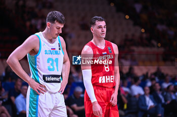 2024-07-02 - 8 Mario Hezonja of Croatia with 31 Vlatko Cancar of Slovenia during the FIBA Olympic Qualifying Tournament 2024, match between Slovenia and Croatia at Peace & Friendship Stadium on July 2, 2024, in Piraeus, Greece. - SLOVENIA VS CROATIA - FIBA OLYMPIC QUALIFYING TOURNAMENTS - INTERNATIONALS - BASKETBALL