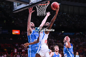 2024-07-03 - 3 Jean Montero of Dominican Republic competing with 14 Georgios Papagiannis of Greece during the FIBA Olympic Qualifying Tournament 2024, match between Dominican Republic and Greece at Peace & Friendship Stadium on July 3, 2024, in Piraeus, Greece. - DOMINICAN REPUBLIC VS GREECE - FIBA OLYMPIC QUALIFYING TOURNAMENTS - INTERNATIONALS - BASKETBALL