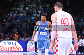 2024-07-07 - 34 Giannis Antetokounmpo of Greece is playing during the FIBA Olympic Qualifying Tournament 2024 Final match between Croatia and Greece at Peace & Friendship Stadium on July 7, 2024, in Piraeus, Greece. - CROATIA VS GREECE - FINAL, FIBA OLYMPIC QUALIFYING TOURNAMENTS - INTERNATIONALS - BASKETBALL