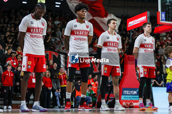 2024-04-28 - (L-R )Sean Mcdermott #22, Hugo Besson #25, Leonardo Okeke #37 and Gabe Brown #44 of Pallacanestro Varese OpenJobMetis seen during LBA Lega Basket A 2023/24 Regular Season game between Pallacanestro Varese OpenJobMetis and Nutribullet Treviso Basket at Itelyum Arena, Varese, Italy on April 28, 2024 - OPENJOBMETIS VARESE VS NUTRIBULLET TREVISO BASKET - ITALIAN SERIE A - BASKETBALL