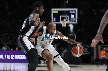 2024-05-11 - Chris Dowe (Tortona) in action thwarted by \Awudu Abass (Bologna) nduring the LBA during game 1 of the playoffs of the Italian Serie A1 basketball championship Segafredo Virtus Bologna Vs. Bertram Derthona Tortona at Segafredo Arena, Bologna, Italy, May 11, 2024 - Photo: Michele Nucci - PLAYOFF - VIRTUS SEGAFREDO BOLOGNA VS BERTRAM DERTHONA TORTONA - ITALIAN SERIE A - BASKETBALL