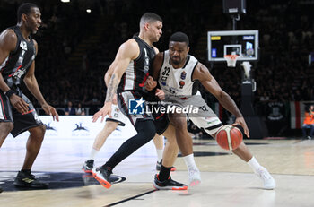 2024-05-11 - Retin Obasohan (Tortona) in action thwarted by Iffe Lundberg (Bologna) during the LBA during game 1 of the playoffs of the Italian Serie A1 basketball championship Segafredo Virtus Bologna Vs. Bertram Derthona Tortona at Segafredo Arena, Bologna, Italy, May 11, 2024 - Photo: Michele Nucci - PLAYOFF - VIRTUS SEGAFREDO BOLOGNA VS BERTRAM DERTHONA TORTONA - ITALIAN SERIE A - BASKETBALL