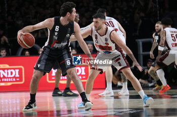 2024-05-26 - Alessandro Pajola (Segafredo Virtus Bologna) in action thwarted by Marco Spissu (Umana Reyer Venezia) during the LBA italian A1 series basketball championship match 2 of the playoffs semifinals Segafredo Virtus Bologna Vs. Umana Reyer Venezia at Segafredo Arena, Bologna, Italy, May 26, 2024 - Photo: Michele Nucci - VIRTUS BOLOGNA VS REYER VENEZIA - ITALIAN SERIE A - BASKETBALL