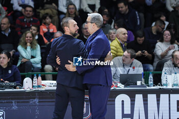 2024-11-17 - Giuseppe Poeta (head coach Germani Brescia) and De Raffaele Walter (head coach Bertram Derthona Basket Tortona) - BERTRAM DERTHONA TORTONA VS GERMANI BRESCIA - ITALIAN SERIE A - BASKETBALL